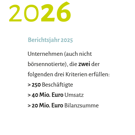 2026, Berichtsjahr 2025, Unternehmen (auch nicht börsennotierte), die zwei der folgenden drei Kriterien erfüllen: > 250 Beschäftigte > 40 Mio. Euro Umsatz > 20 Mio. Euro Bilanzsumme
