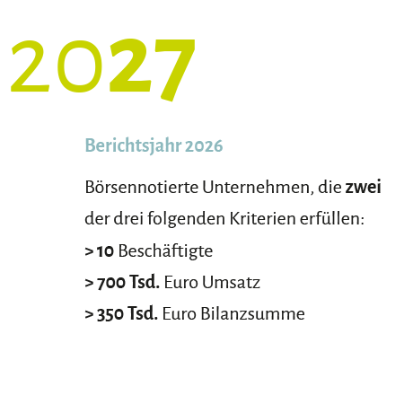 2027, Berichtsjahr 2026, Börsennotierte Unternehmen, die zwei der drei folgenden Kriterien erfüllen: > 10 Beschäftigte > 700 Tsd. Euro Umsatz > 350 Tsd. Euro Bilanzsumme