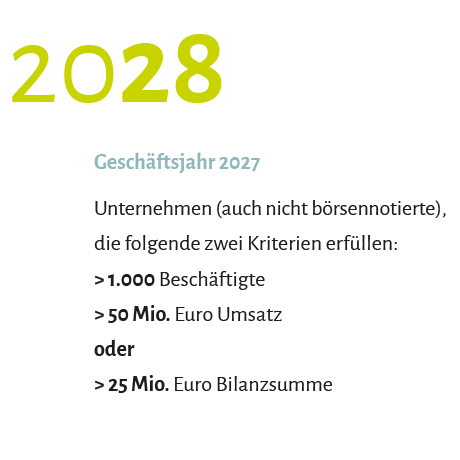 2028, Geschäftsjahr 2027, Unternehmen (auch nicht börsen­notierte), die folgende zwei Kriterien erfüllen: > 1.000 Beschäftigte > 50 Mio. Euro Umsatz oder > 25 Mio. Euro Bilanzsumme